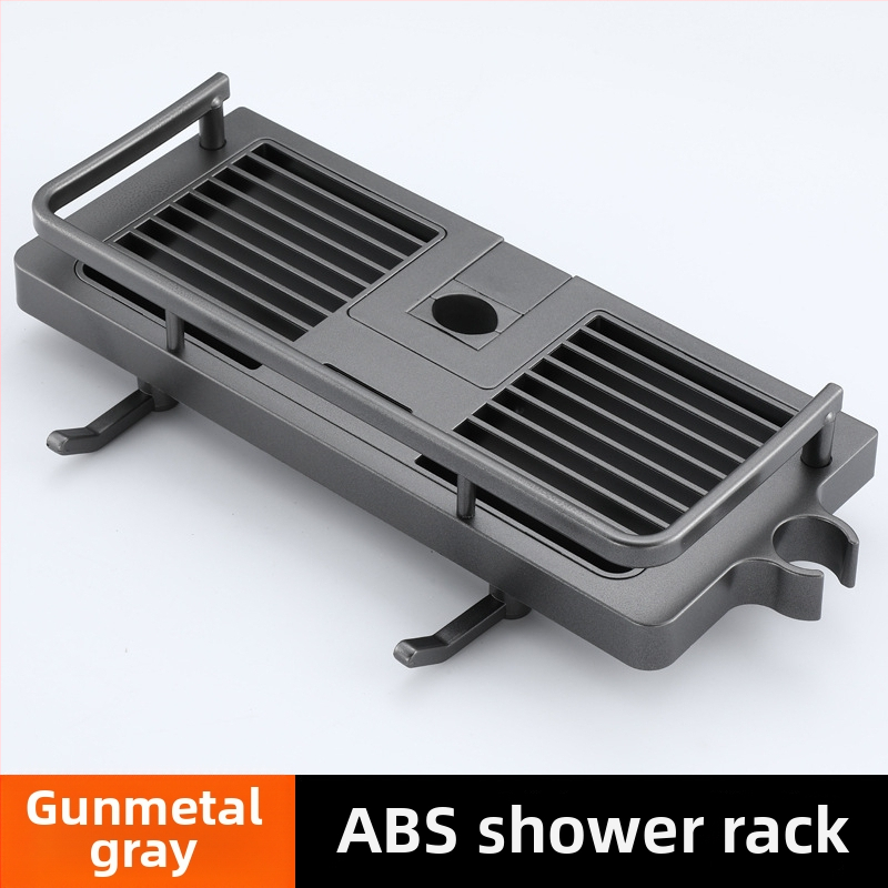 Ράφι αποθήκευσης ντους με στήριγμα ράβδου και ρυθμιζόμενο δίσκο, πλαστικό, αντοχή 5 kg, τετράγωνο σχήμα, 1 επίπεδο, μοντέρνο στυλ