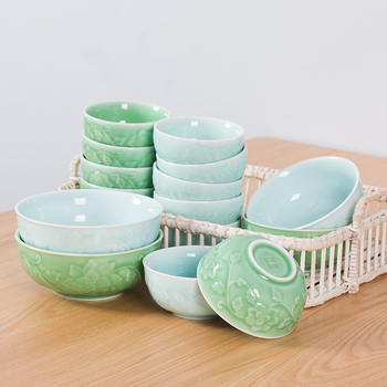 Longquan Celadon porculanska zdjela za juhu, velika debela zdjela, okruglog oblika, Celadon glazura, uzorak biljaka i cvijeća, mikrovalna pećnica kompatibilna.