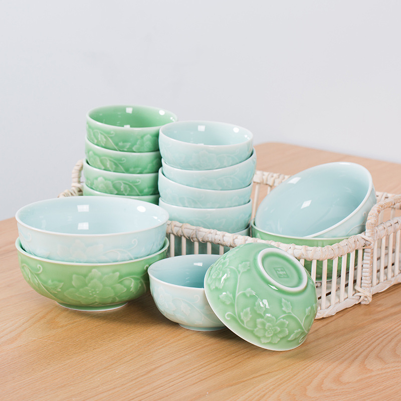 Longquan Celadon porculanska zdjela za juhu, velika debela zdjela, okruglog oblika, Celadon glazura, uzorak biljaka i cvijeća, mikrovalna pećnica kompatibilna.