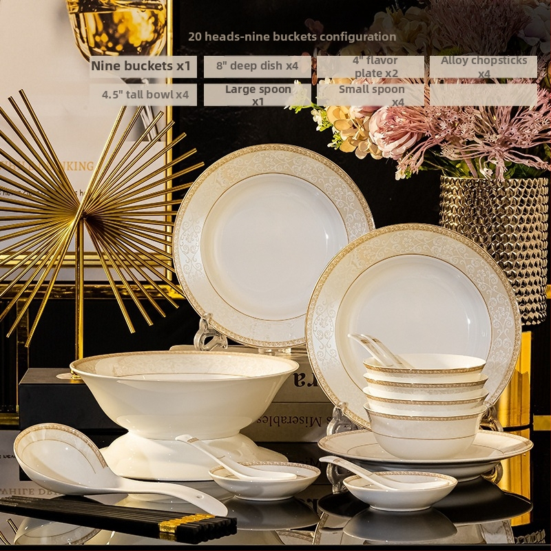 Porcelianės indų rinkinys su dubeniu, lėkštėmis ir šaukštu — gėlių raštas, apvali forma, tinkama mikrobangų krosnei