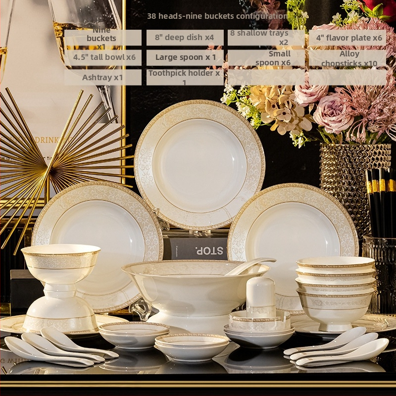 Porcelianės indų rinkinys su dubeniu, lėkštėmis ir šaukštu — gėlių raštas, apvali forma, tinkama mikrobangų krosnei