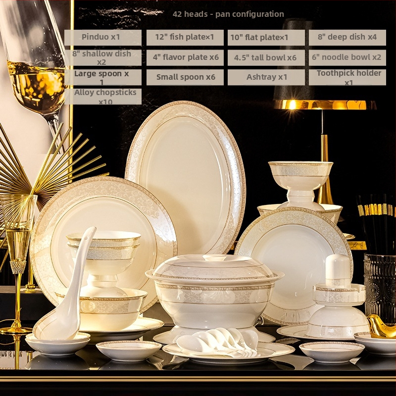 Porcelianės indų rinkinys su dubeniu, lėkštėmis ir šaukštu — gėlių raštas, apvali forma, tinkama mikrobangų krosnei