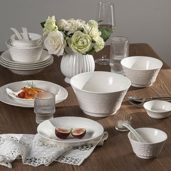 Porcelanski set posuđa – zdjela, tanjur i chopsticks, nordijski stil, okrugli oblik, podglazurni dekor, mikrovalna kompatibilnost