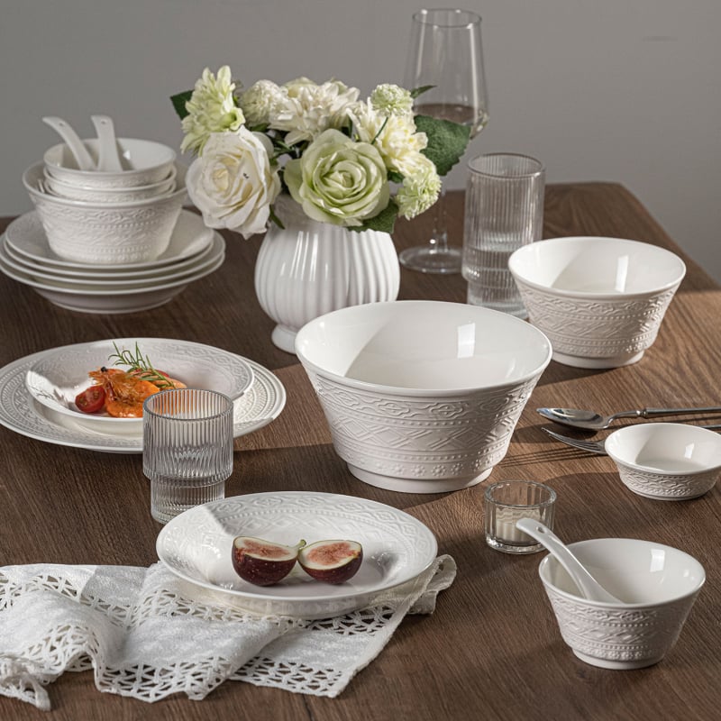 Porcelanski set posuđa – zdjela, tanjur i chopsticks, nordijski stil, okrugli oblik, podglazurni dekor, mikrovalna kompatibilnost