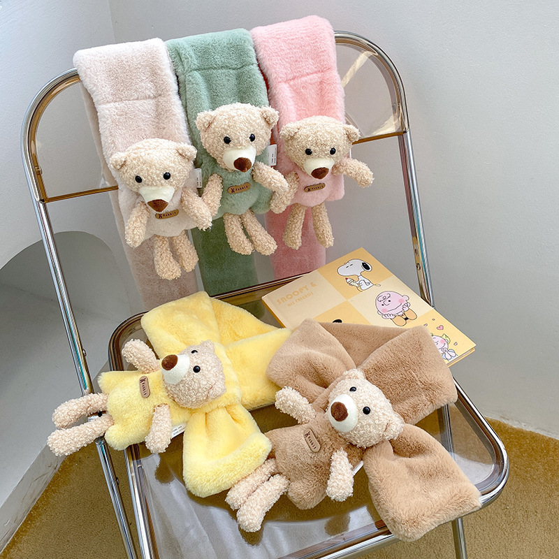 Детски плюшен шал, карикатурно мече, зимна топлина, warp-knit тъкане, изкуствена козина