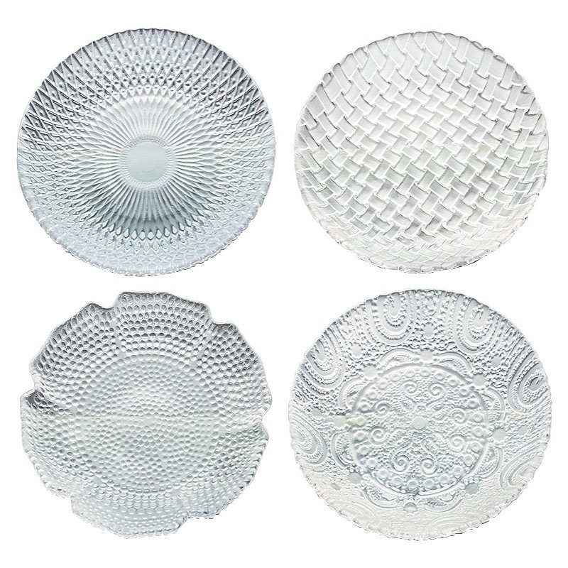 Farfurie de fructe din sticlă, cu textură ciocănită, stil japonez, design simplu