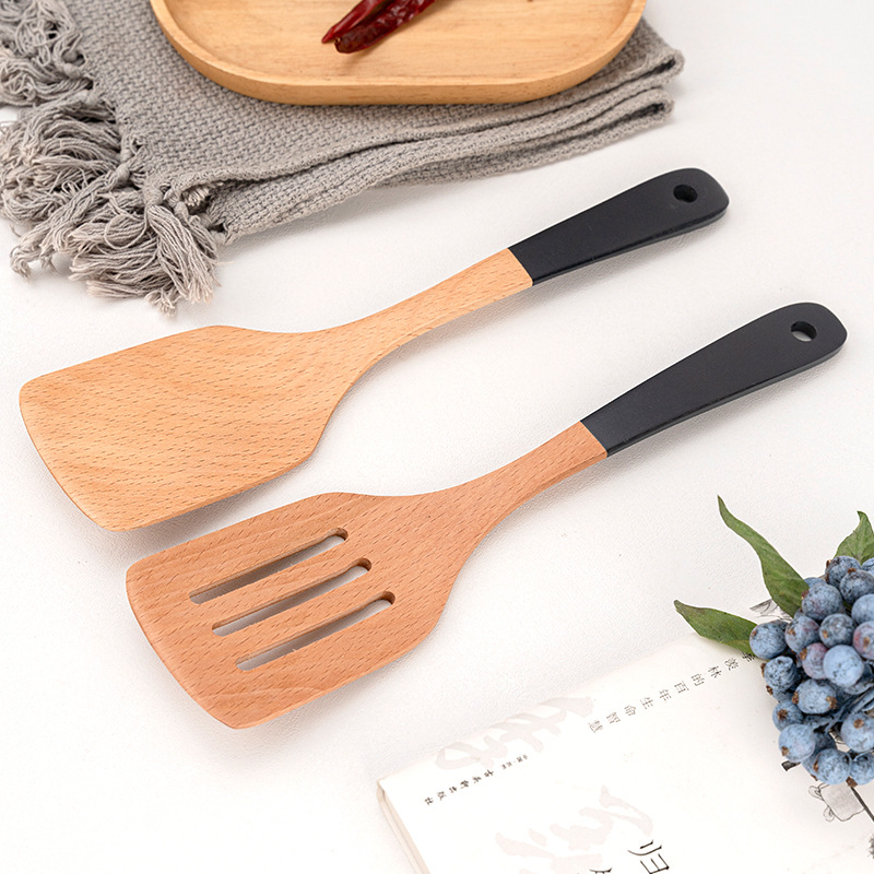 Set lingură și spatulă cu mâner din lemn de fag, spatulă lacuită cu mâner extins, lingură din lemn cu mâner lung, gravură disponibilă, multifuncțional