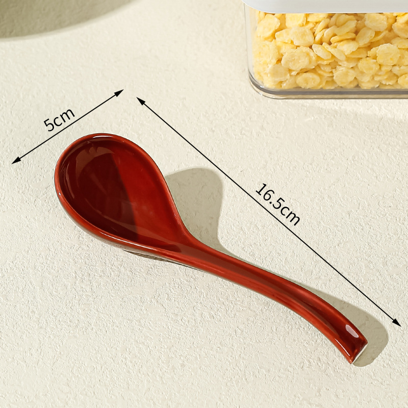 Lingură de supă ceramică, stil japonez, mâner lung, model floral, pentru uz casnic