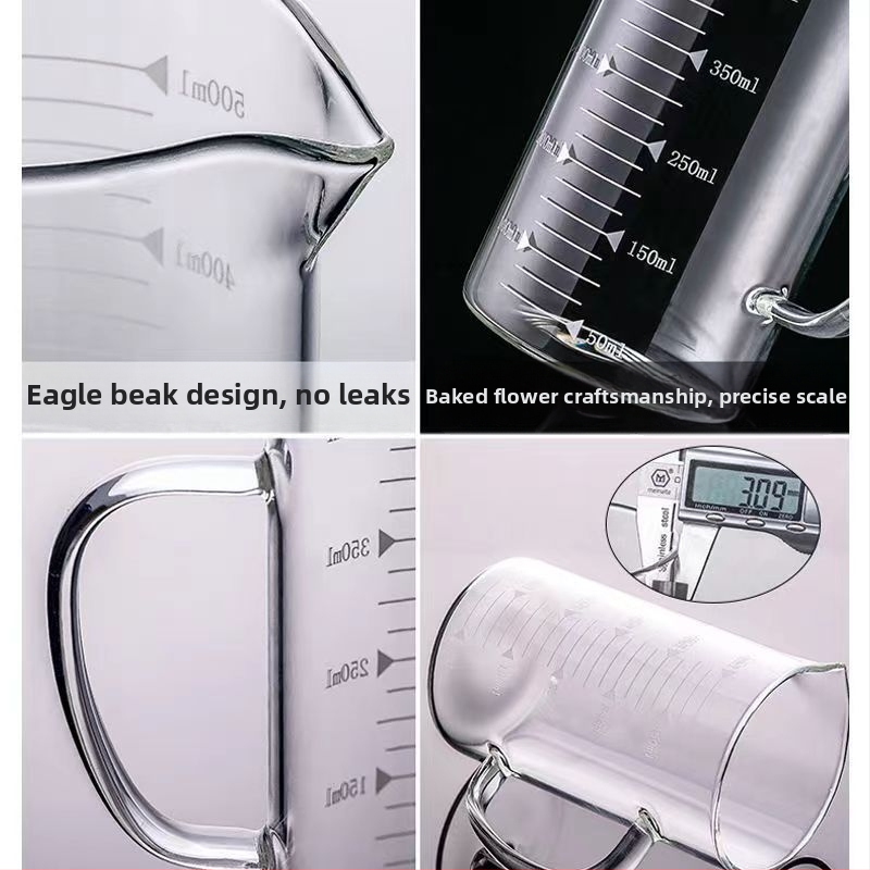 Stiklinė matuojamoji taurė atspari aukštoms temperatūroms, su skale, dangteliu ir rankena