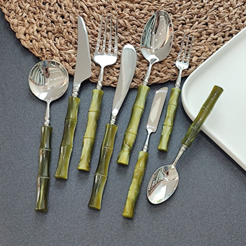 Kés, villa és kanál készlet – kézzel készített 304 rozsdamentes acélból, bambusz-összekapcsolódás dizájn, tükrös felület, új kínai stílus