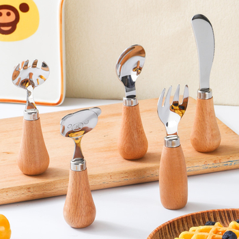 Gyerekeknek készült evőeszköz készlet fa fogantyúval, 304 rozsdamentes acélból, hordozható dobozban, kézműves