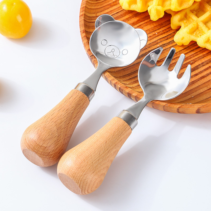 Gyerekeknek készült evőeszköz készlet fa fogantyúval, 304 rozsdamentes acélból, hordozható dobozban, kézműves