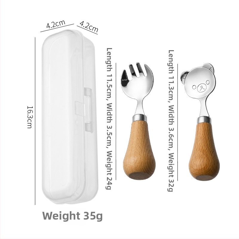 Gyerekeknek készült evőeszköz készlet fa fogantyúval, 304 rozsdamentes acélból, hordozható dobozban, kézműves