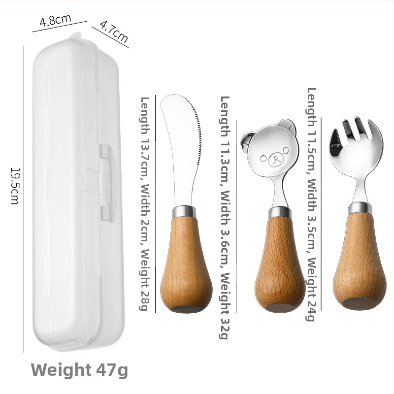 Gyerekeknek készült evőeszköz készlet fa fogantyúval, 304 rozsdamentes acélból, hordozható dobozban, kézműves