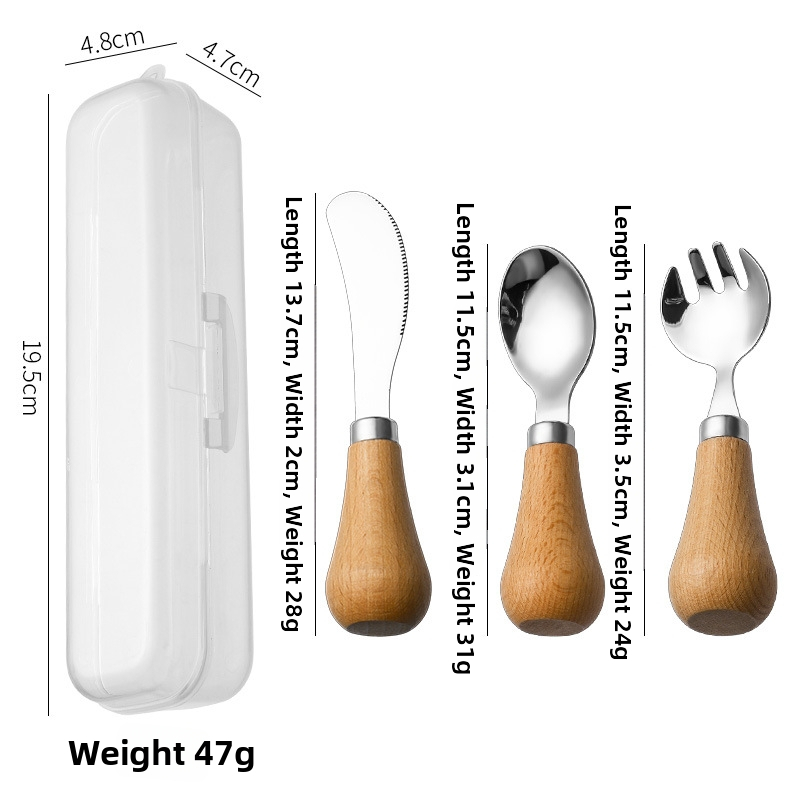 Gyerekeknek készült evőeszköz készlet fa fogantyúval, 304 rozsdamentes acélból, hordozható dobozban, kézműves