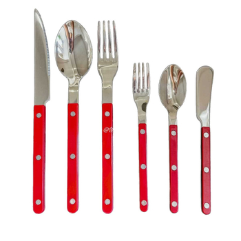 Francia stílusú 304 rozsdamentes acél evőeszköz készlet: steakhez kés, villa és kanál, klipszes fogantyúval, tükrös felület