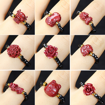 Inel: Cinnabar cu design floral, mărgele, pe șnur elastic