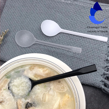 Vienkartinis plastikinis desertinis šaukštas su ilga rankena, stora didelė apvali galvutė, atskirai supakuotas