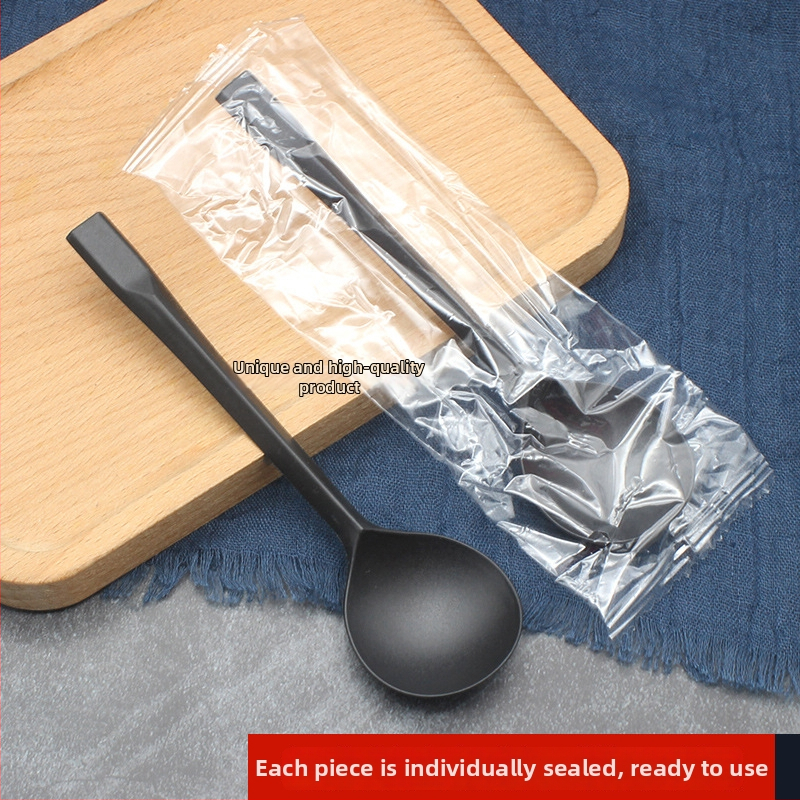 Vienkartinis plastikinis desertinis šaukštas su ilga rankena, stora didelė apvali galvutė, atskirai supakuotas