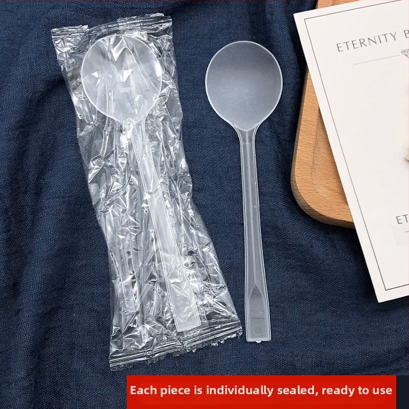 Vienkartinis plastikinis desertinis šaukštas su ilga rankena, stora didelė apvali galvutė, atskirai supakuotas