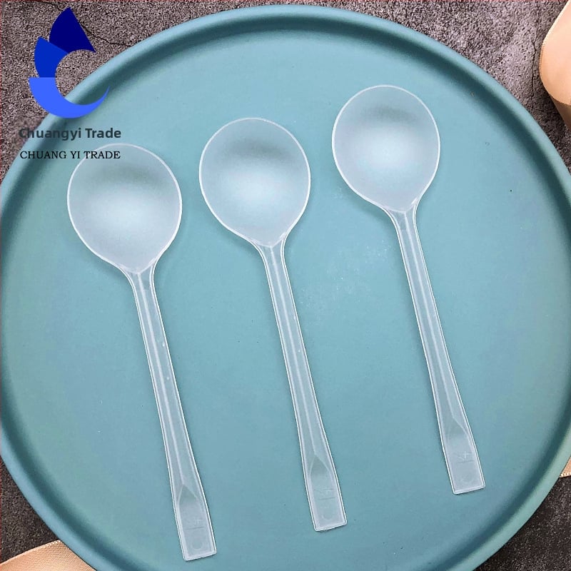 Vienkartinis plastikinis desertinis šaukštas su ilga rankena, stora didelė apvali galvutė, atskirai supakuotas