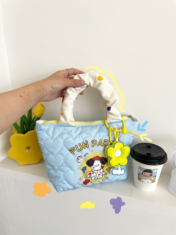 Geantă Tote - Bumbac, Deschidere cu fermoar, buzunar intern cu fermoar, formă orizontală pătrată, mânere duble