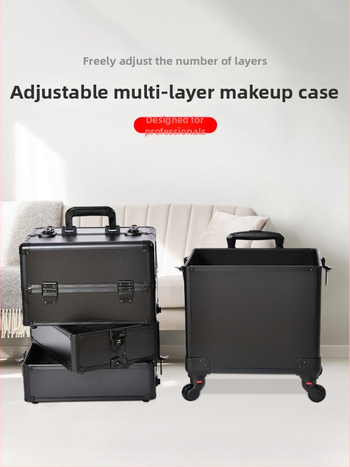 Козметичен кейс с колела, голям капацитет, ABS материал, издърпваща дръжка, заключване с катинар, четири слоя