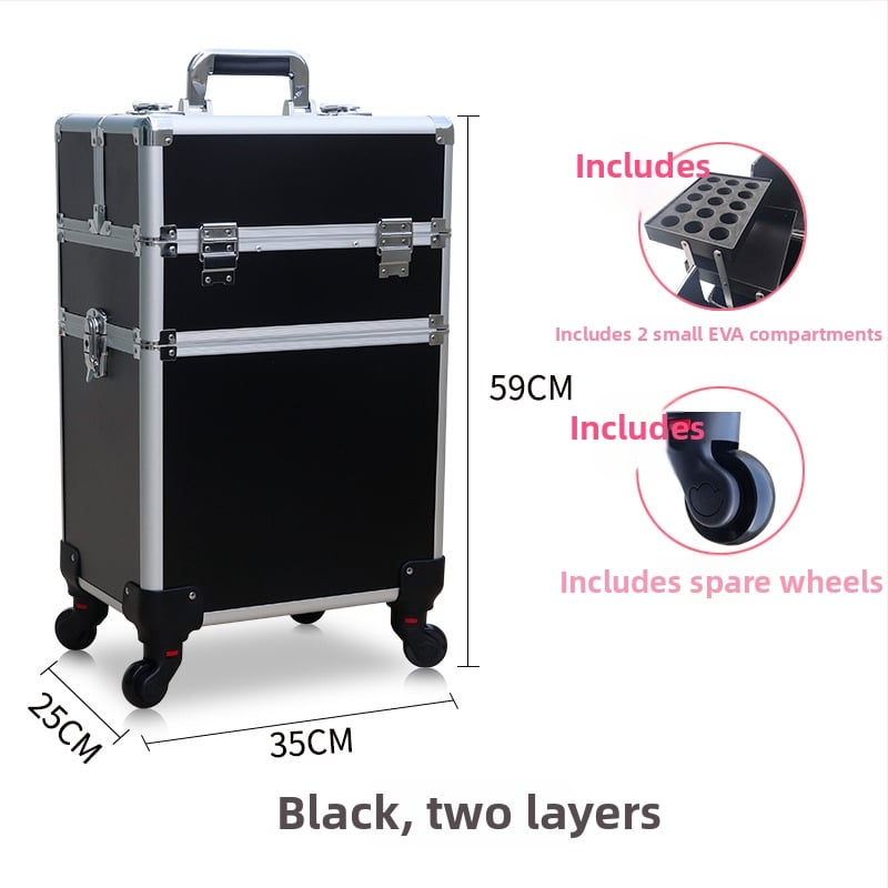 Козметичен кейс с колела, голям капацитет, ABS материал, издърпваща дръжка, заключване с катинар, четири слоя