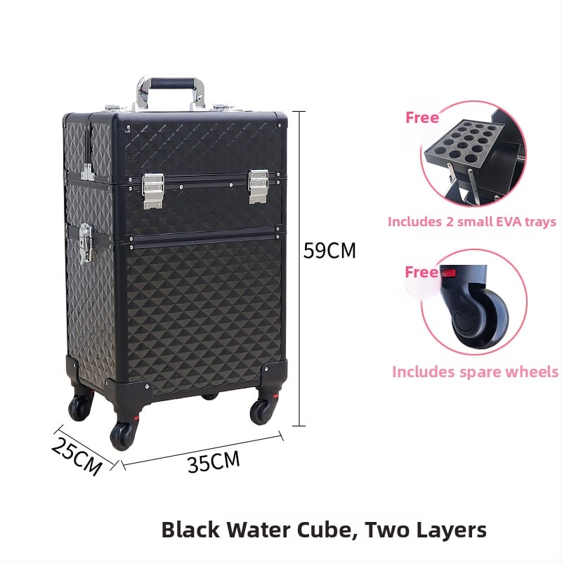 Козметичен кейс с колела, голям капацитет, ABS материал, издърпваща дръжка, заключване с катинар, четири слоя