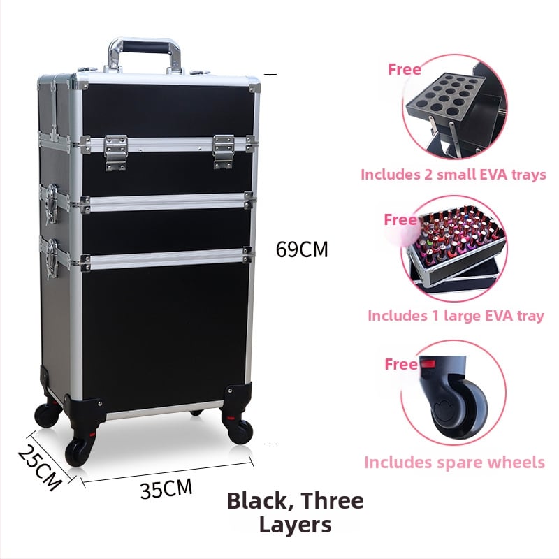 Козметичен кейс с колела, голям капацитет, ABS материал, издърпваща дръжка, заключване с катинар, четири слоя
