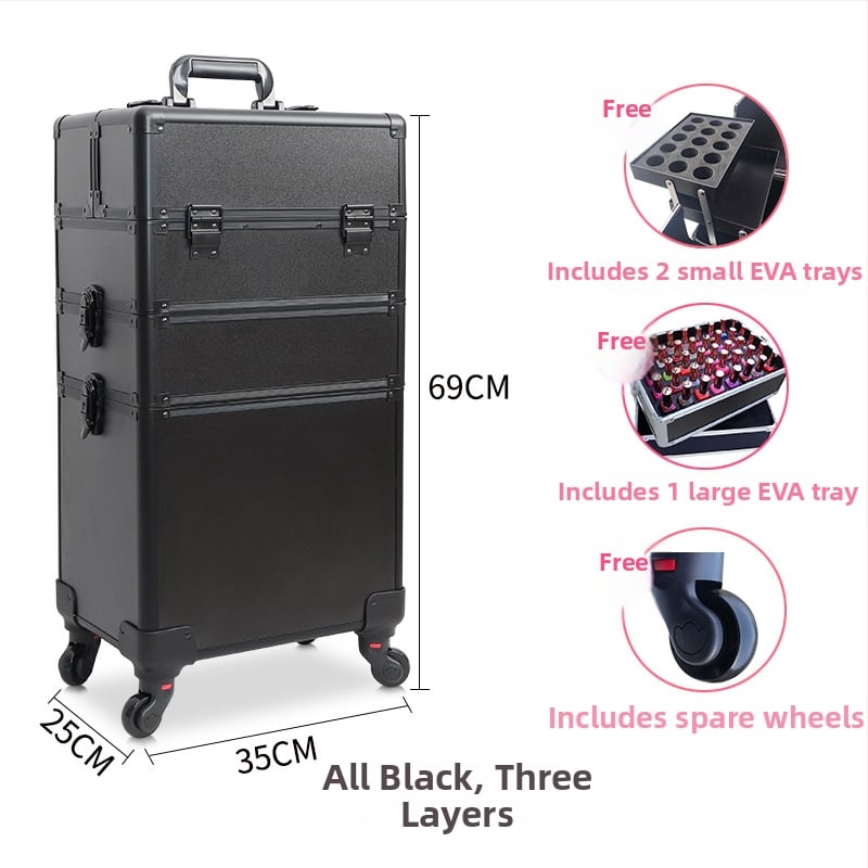 Козметичен кейс с колела, голям капацитет, ABS материал, издърпваща дръжка, заключване с катинар, четири слоя