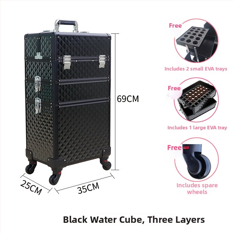 Козметичен кейс с колела, голям капацитет, ABS материал, издърпваща дръжка, заключване с катинар, четири слоя