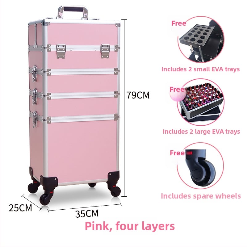 Козметичен кейс с колела, голям капацитет, ABS материал, издърпваща дръжка, заключване с катинар, четири слоя