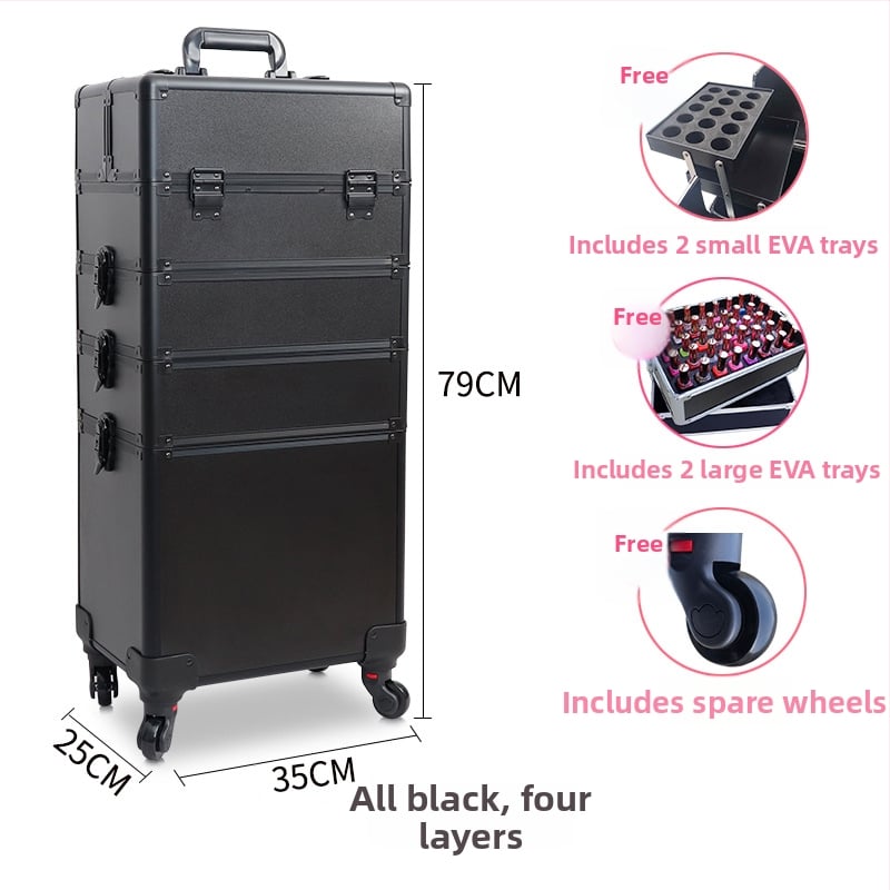 Козметичен кейс с колела, голям капацитет, ABS материал, издърпваща дръжка, заключване с катинар, четири слоя