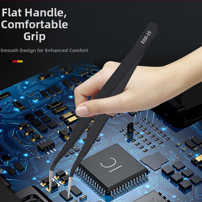 Antistatistlikud pintsetid roostevabast terasest käepidemega, täpne kõverjooneline ots, kõrge süsinikusisaldusega terasest ots elektronikakomponentide jaoks