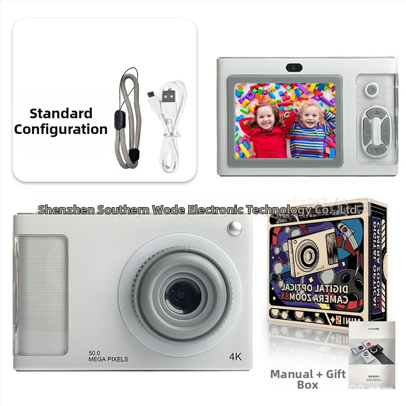 4K vaikų kamera su priekinėmis ir galinėmis dviejų kamerų funkcijomis, 24 MP CMOS jutiklis, 4x optinis priartinimas, 2,4 colių LCD ekranas