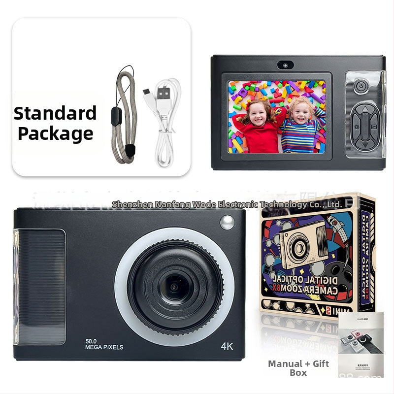 4K vaikų kamera su priekinėmis ir galinėmis dviejų kamerų funkcijomis, 24 MP CMOS jutiklis, 4x optinis priartinimas, 2,4 colių LCD ekranas