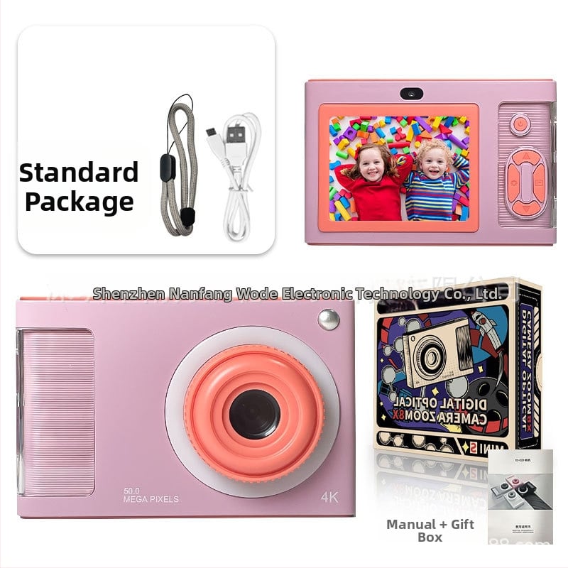 4K vaikų kamera su priekinėmis ir galinėmis dviejų kamerų funkcijomis, 24 MP CMOS jutiklis, 4x optinis priartinimas, 2,4 colių LCD ekranas
