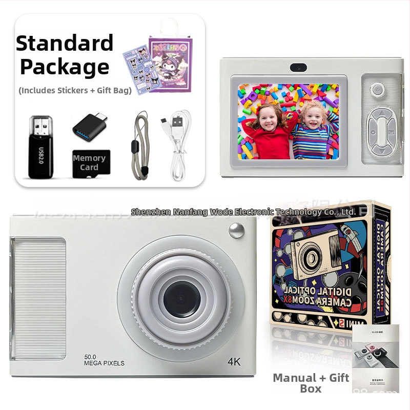 4K vaikų kamera su priekinėmis ir galinėmis dviejų kamerų funkcijomis, 24 MP CMOS jutiklis, 4x optinis priartinimas, 2,4 colių LCD ekranas