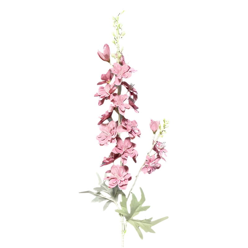 Umjetni cvijet Delphinium s dvostruko razgranatom stabljikom, flokirani materijal; za vjenčanja, rekvizite za fotografiju i kućnu dekoraciju; marka Gardenia; materijal: svila i Pan tkanina; izrada: stiliziranje, reljef, ubrizgavanje kalupa; varijanta: osta
