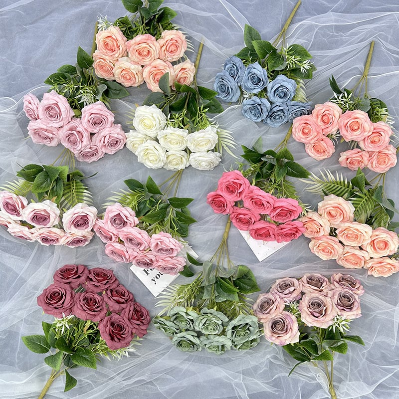 Finch Yiyi Flowers umjetne ruže od svile, 7 glav, dijamantni izgled, aranžman za svadbenu dekoraciju prostora