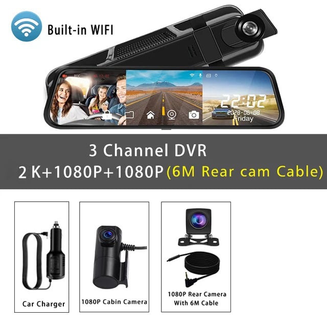 ADAS automobilių veidrodinis vaizdo registratorius su dviejų objektyvų sistema, Wi‑Fi, 1080p, 170° matomumo kampas