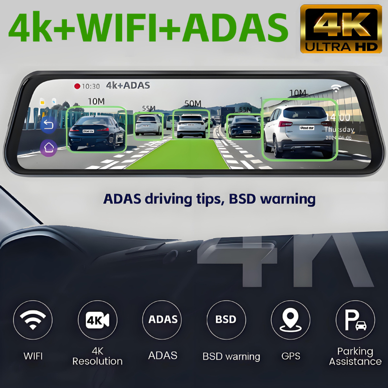 ADAS automobilių veidrodinis vaizdo registratorius su dviejų objektyvų sistema, Wi‑Fi, 1080p, 170° matomumo kampas