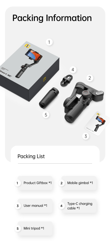 Aochuan XE okostelefon stabilizátor, háromtengelyes kézi stabilizáló, kompatibilis a GoPro MAX-szal, 0,6 kg, függőleges 345°, vízszintes 310°