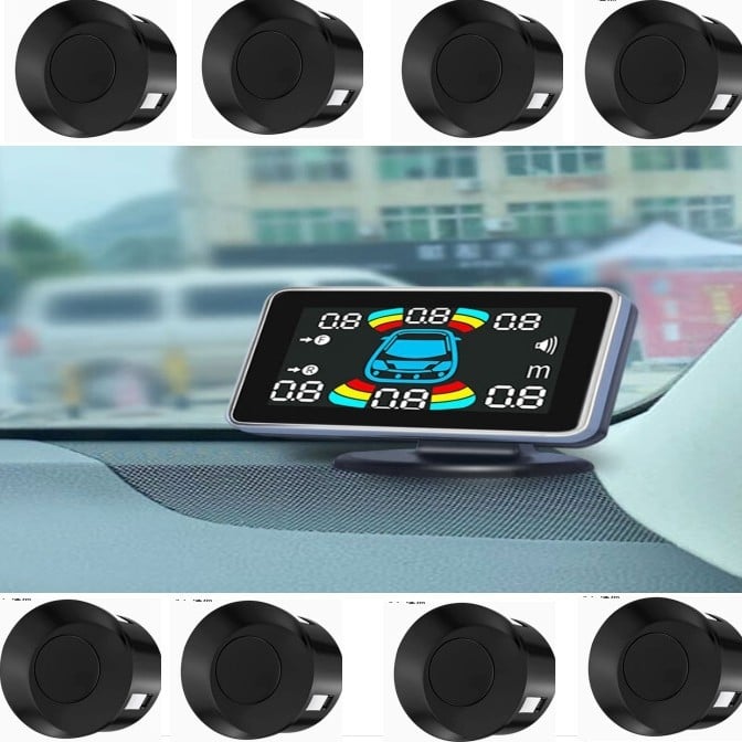 Radar vocal de parcare cu 8 sonde, NY8089-8, LCD, 12V, avertizare vocală, spate 0,3–2 m, față 0,3–1 m