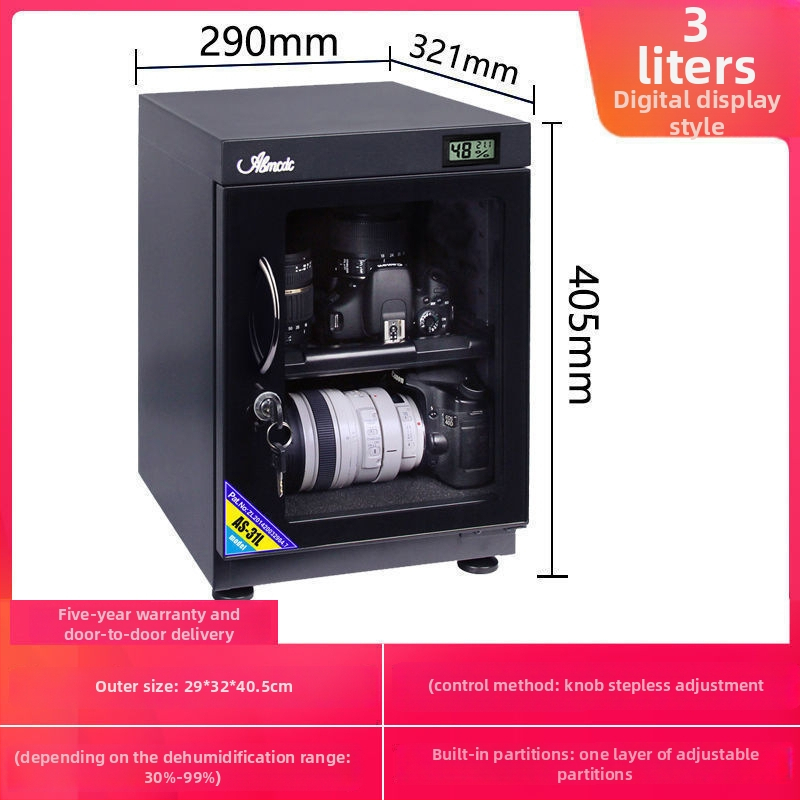 Elektronická odolná proti vlhkosti skriňa pre objektívy DSLR a známky — sušiaca a odvlhčovacia skrinka