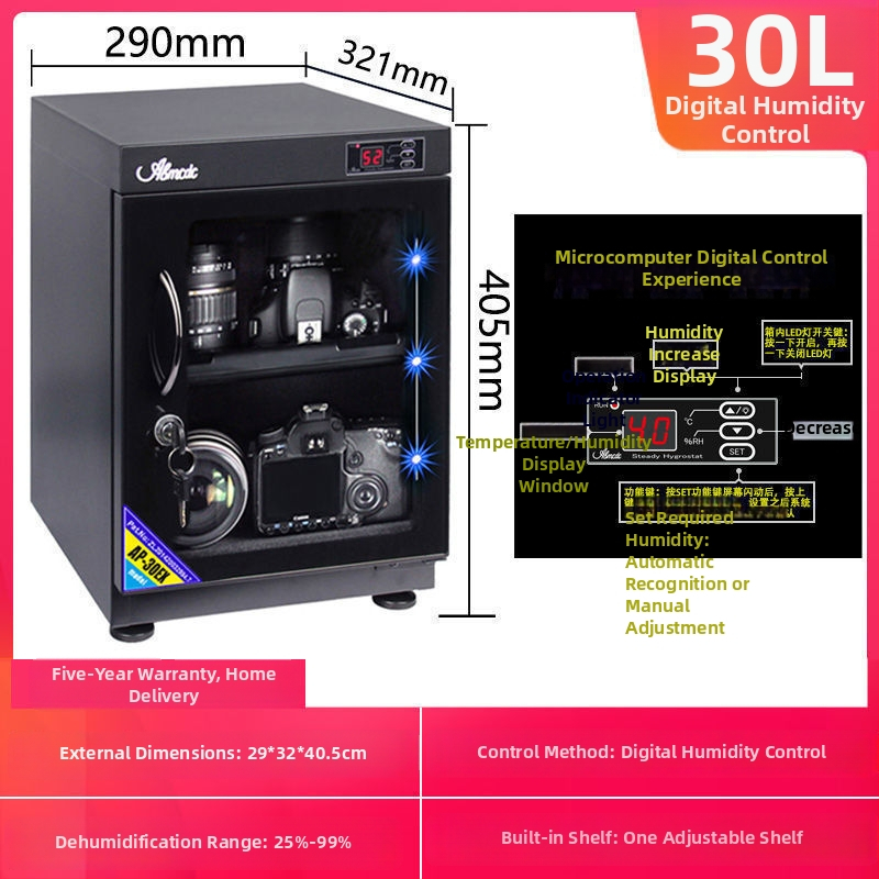 Elektronická odolná proti vlhkosti skriňa pre objektívy DSLR a známky — sušiaca a odvlhčovacia skrinka