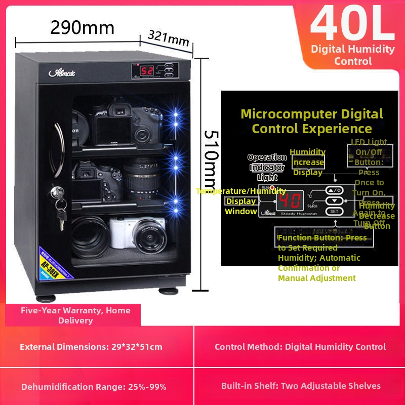 Elektronická odolná proti vlhkosti skriňa pre objektívy DSLR a známky — sušiaca a odvlhčovacia skrinka