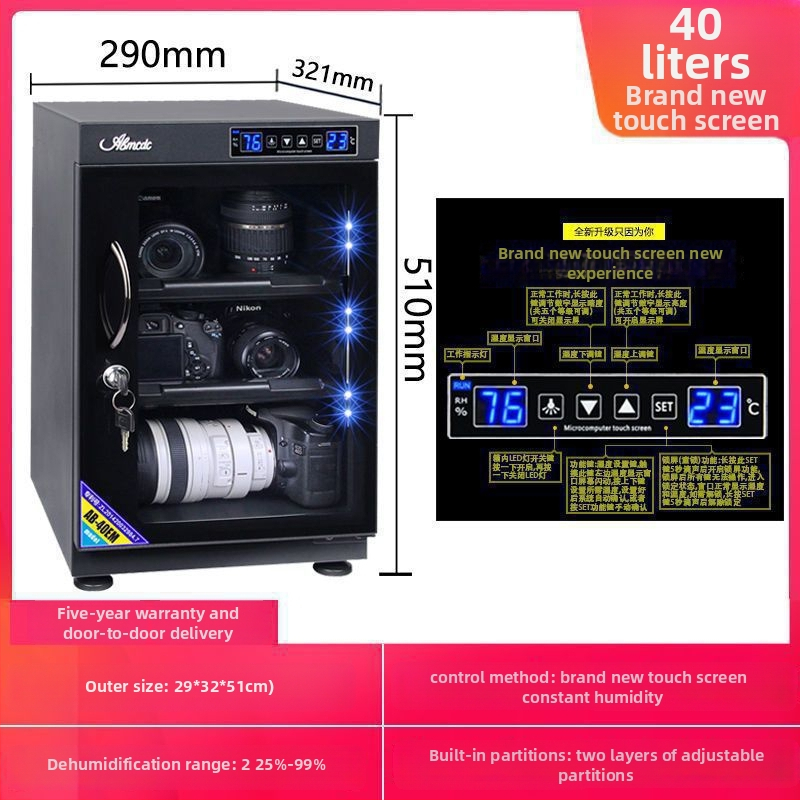 Elektronická odolná proti vlhkosti skriňa pre objektívy DSLR a známky — sušiaca a odvlhčovacia skrinka