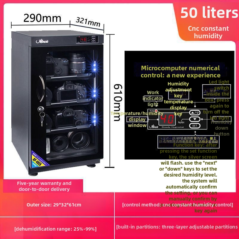 Elektronická odolná proti vlhkosti skriňa pre objektívy DSLR a známky — sušiaca a odvlhčovacia skrinka